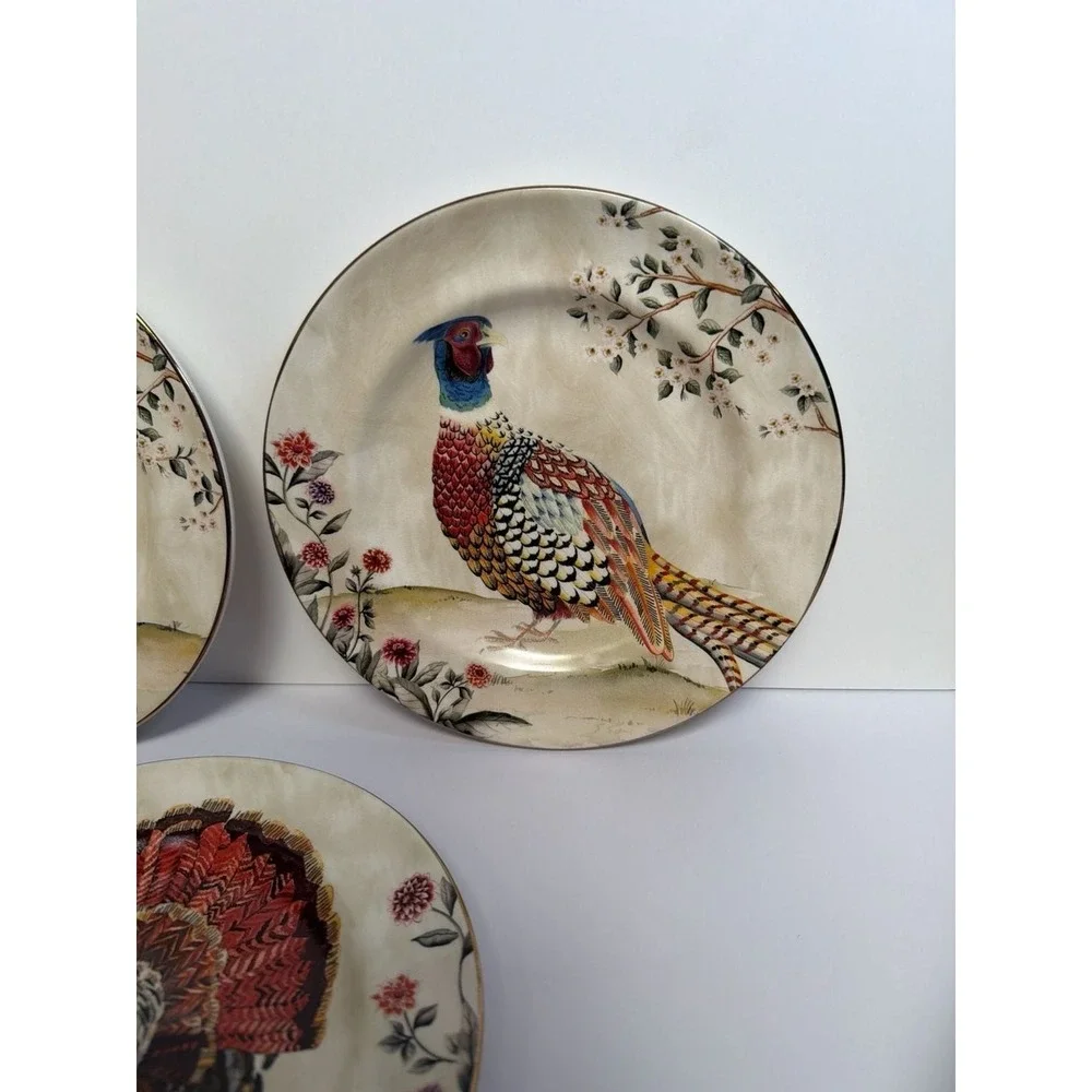 Pottery Barn Fresco‎ Birds Salad Plates - Set of 3 (Turkey, Pheasant, Quail)